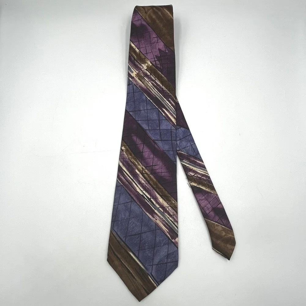 Oleg Cassini Necktie Purple Brown Mens Abstract Geometric Striped EUC 54 x 4 in